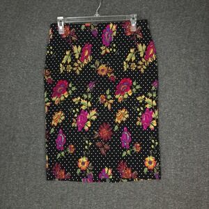 Women's Pencil Skirt Size Medium Black Polka Dot Floral Stretch Pull On Slit